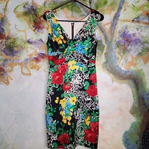 Navy Floral Silk Sheath Dress